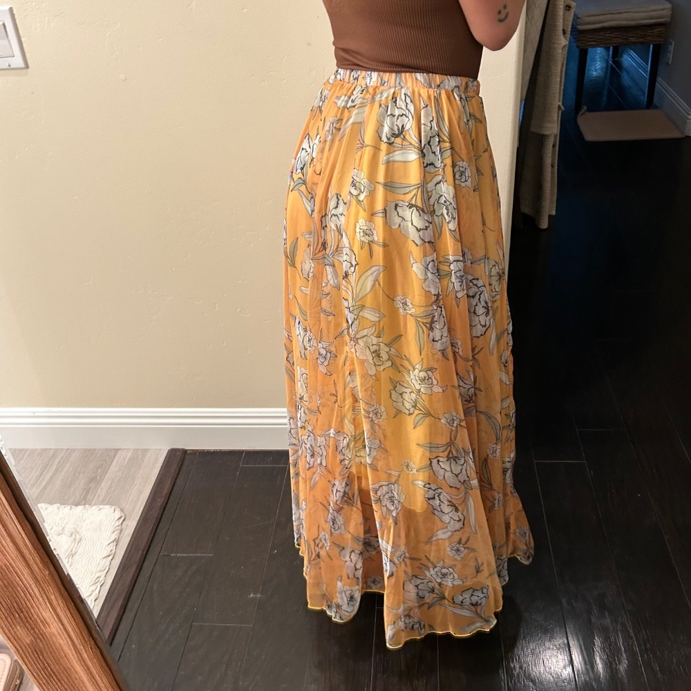 Mustard Floral Sheer Maxi Skirt XS/S Elastic Waist Boho Cottagecore - Picture 3 of 6